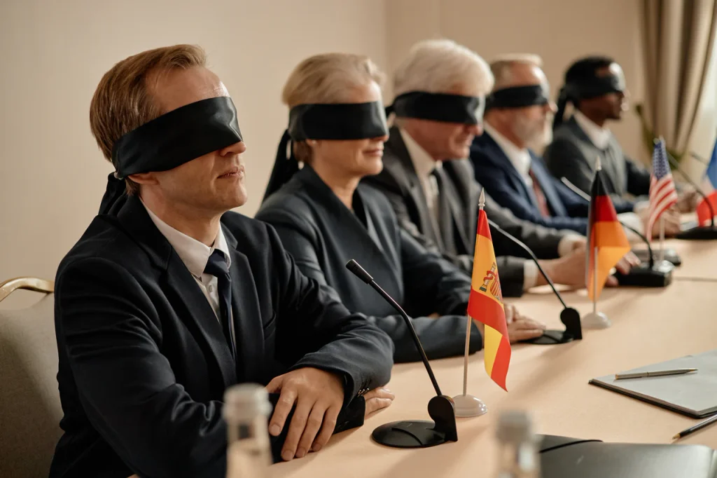 blindness - business people at conference table blindfolded